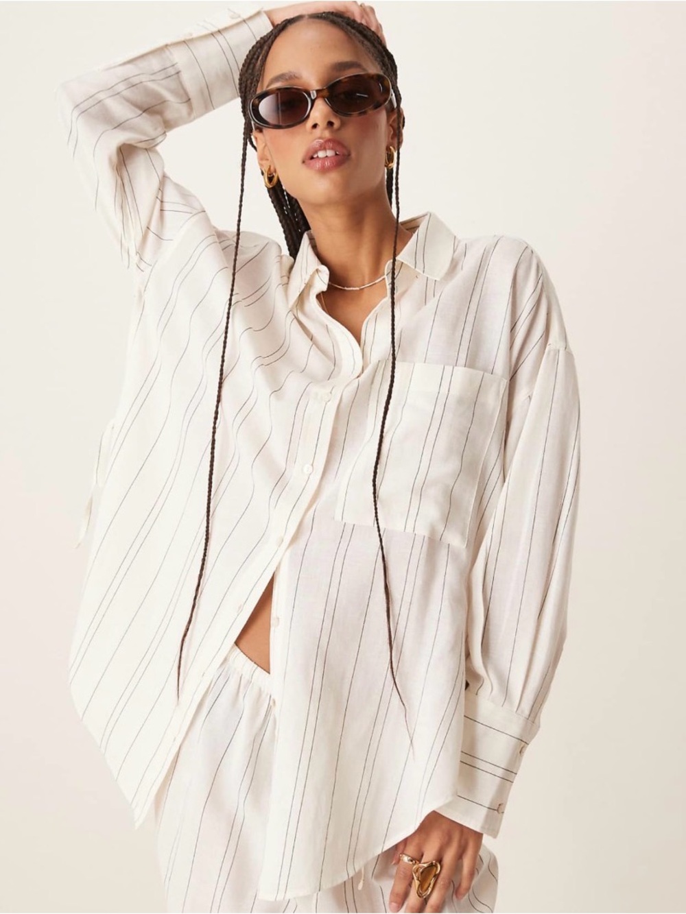 ASOS DESIGN Women's Striped Button Down Shirt and shorts  in Cream & Black